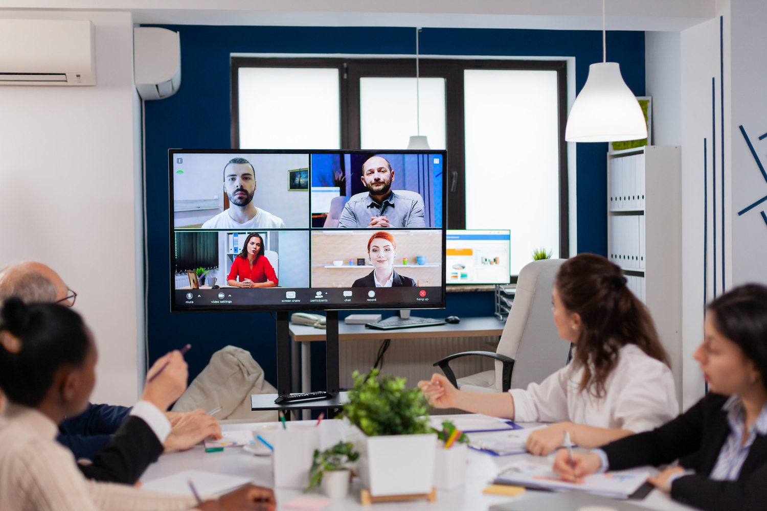 Executive presenting strategy of work Team working by group video call, share ideas, brainstorming negotiating, use video conference
